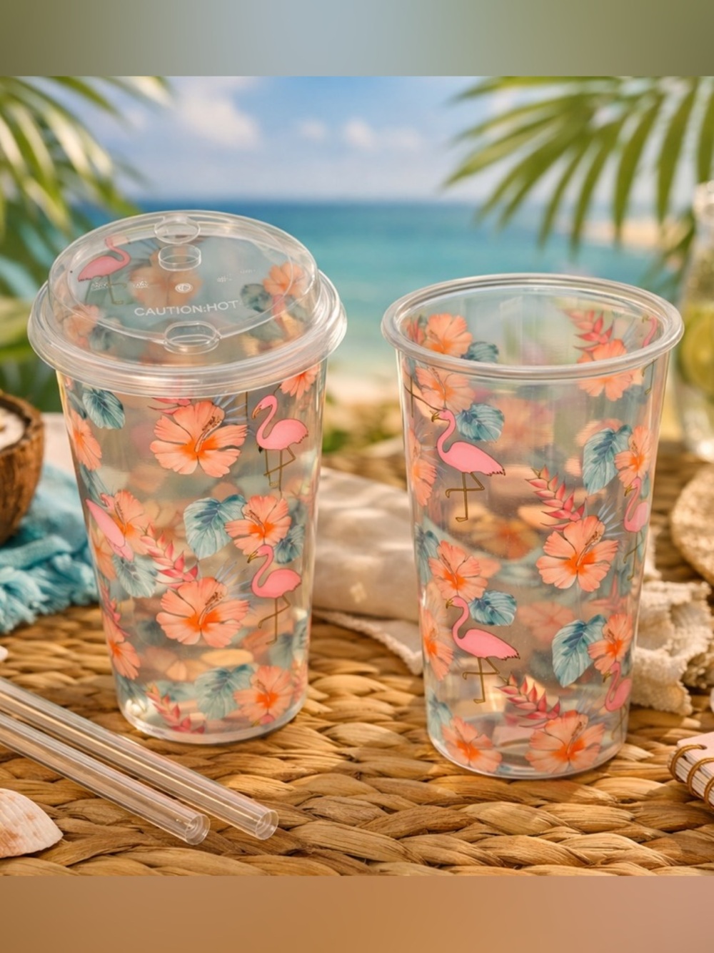 🦩☀️ Flamingo Tropical Print Clear Tumbler with Lid NWT | OS